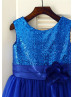 Royal Blue Sequin Tulle Curly Hem Knee Length Flower Girl Dress